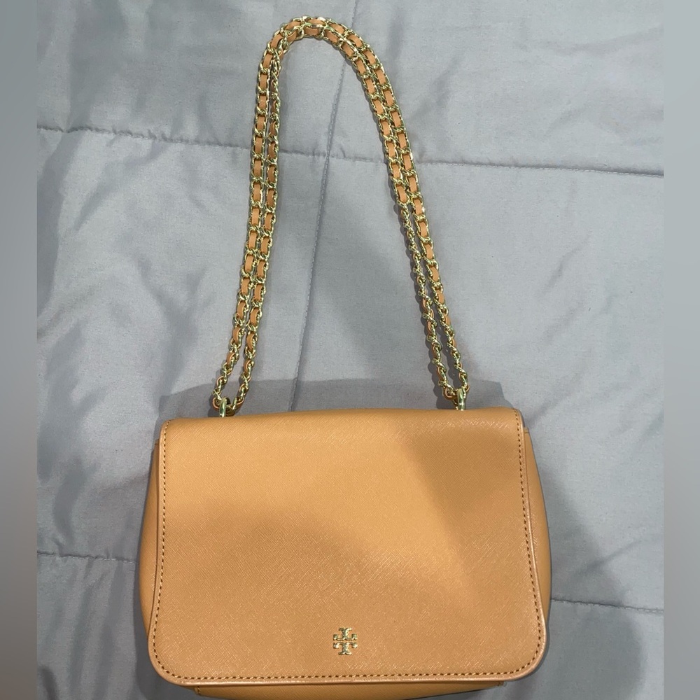 Tory Burch Emerson Tan Leather Shoulder Bag with Gold Chain
